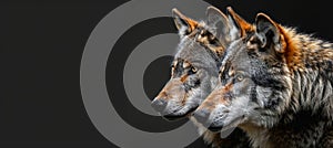 Male wolf and cub portrait, object on side, ample text space on left for customization