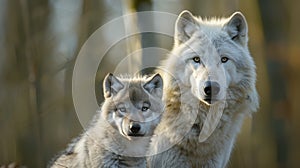 Male wolf and cub portrait with text space, object on right for versatile design use