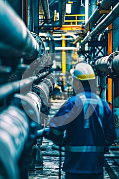 Male worker inspection at steel long pipes