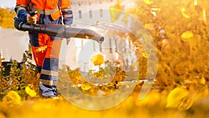 Male worker removes leaf blower leaves lawn of garden Autumn