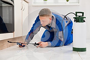 Male Worker Spraying Pesticide On Cabinet