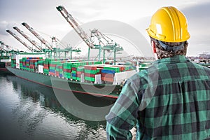 Male Worker Wearing Yellow Hard Hat Overlooking the San Pedro Ship Yard