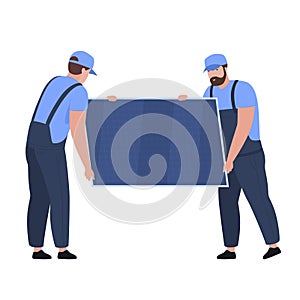 Male workers carrying solar panel vector flat illustration. Alternative electricity generator