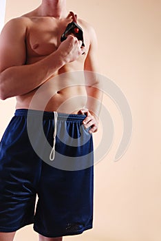 Male with workout straps front