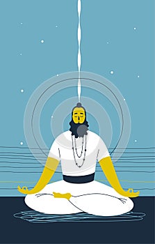 Male yogi with beard sits cross legged and meditates against abstract blue background with lines and circle. Concept of