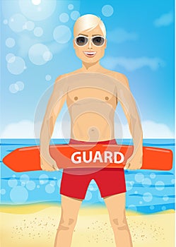 Male young lifeguard holding a rescue can