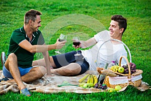 Males drinking wine on picnic