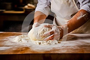 Males hands kneading dough on wooden table. Close up