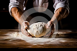 Males hands kneading dough on wooden table. Close up