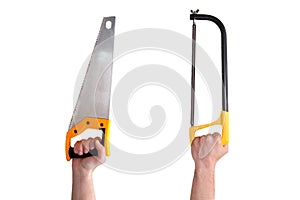 Males hands with two yellow hacksaw isolated on white