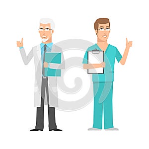 Males scientist and doctor showing thumbs up