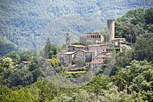 Malgrate Castle, an ancient settlement in the mountains of in Lunigiana, northwest Tuscany, Italy, copy space