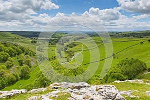 Malham Cove view from walk to top of the tourist attraction in Yorkshire Dales National Park UK