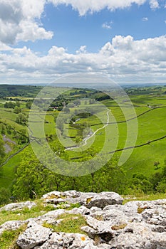 Malham Cove view from walk to top of the tourist attraction in Yorkshire Dales National Park UK