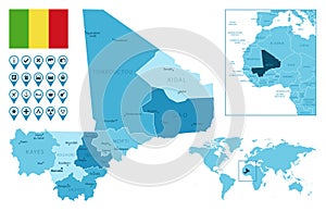 Mali detailed administrative blue map with country flag and location on the world map.