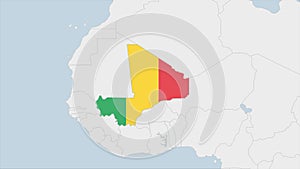 Mali map highlighted in Mali flag colors and pin of country capital Bamako