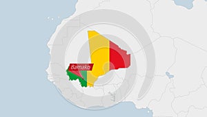 Mali map highlighted in Mali flag colors and pin of country capital Bamako