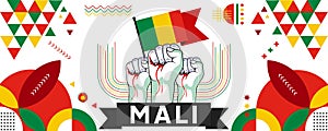 Mali national or independence day banner for country celebration. Flag of Mali with raised fists. Modern retro design with