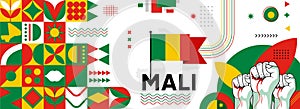 Mali national or independence day banner for country celebration. Flag and map of Mali with raised fists. Modern retro design with