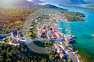 Mali Ston waterfront aerial sun haze view