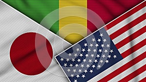 Mali United States of America Japan Flags Together Fabric Texture Illustration