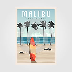 Malibu california beach vintage vector illustration design, surf travel poster template