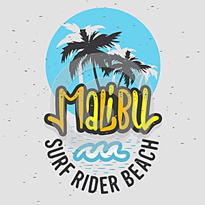 Malibu Surf Rider Beach California Surfing Surf Design Logo Sign Label for Promotion Ads t shirt or sticker Poster Flye