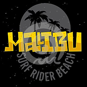 Malibu Surf Rider Beach California Surfing Surf Design Logo Sign Label for Promotion Ads t shirt or sticker Poster Flye