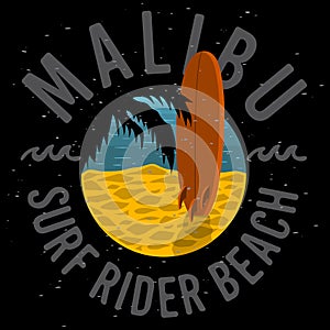 Malibu Surf Rider Beach California Surfing Surf Design Logo Sign Label for Promotion Ads t shirt or sticker Poster Flye