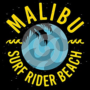 Malibu Surf Rider Beach California Surfing Surf Design Logo Sign Label for Promotion Ads t shirt or sticker Poster Flye