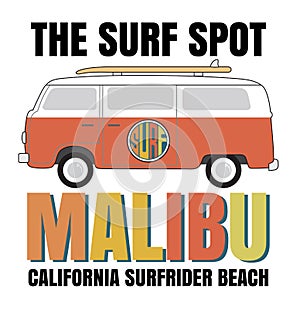 Malibu surf typography, t-shirt graphics, vectors