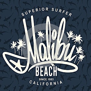 Malibu surf typography, vector t-shirt print design