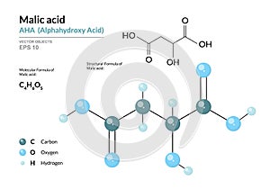 Malic acid. AHA Alphahydroxy acid. Structural chemical formula and molecule 3d model. Atoms with color coding. Vector