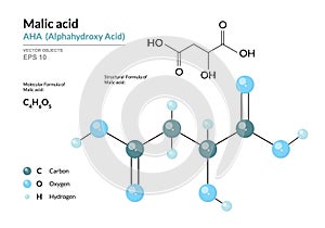 Malic acid. AHA Alphahydroxy acid. Structural chemical formula and molecule 3d model. Atoms with color coding. Vector photo