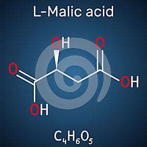 Malic acid C4H6O5 molecule, is dicarboxylic acid. Structural chemical formula on the dark blue background