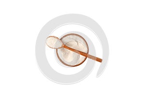 Malic acid or oxyantaric acid powder in wooden bowl and spoon on white background, top view. Food additive E296, preservative used