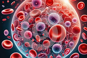 Malicious virus and human body cell with leukocytes and platelets in the circulatory system