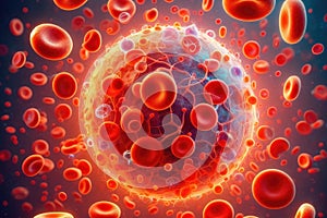 Malicious virus and human body cell with leukocytes and platelets in the circulatory system