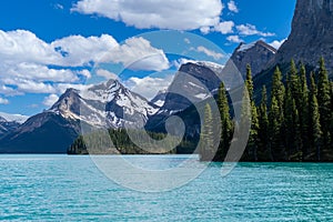 Maligne Lake as seen from the water, on a sunny summer day in Jasper National Park Canada