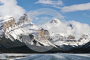 Maligne Lake boat cruise in Jasper National Park, Snow-capped mountains towering above the lake. Canadian Rockies. Canada