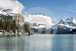 Maligne Lake in Jasper National Park, Snow-capped mountains towering above the lake. Canadian Rockies. Canada