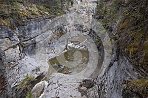 The Maligne river as it flows through the deep gorges of the Maligne Canyon in Jasper National Park in Alberta Canada