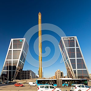 The maligned Caja Madrid Obelisk and the Gate of Europe towers or  KIO Towers near the Plaza de Castilla in Madrid