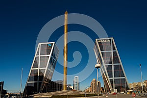 The maligned Caja Madrid Obelisk and the Gate of Europe towers or  KIO Towers near the Plaza de Castilla in Madrid