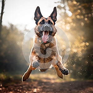 Malinois dog jumping in the air