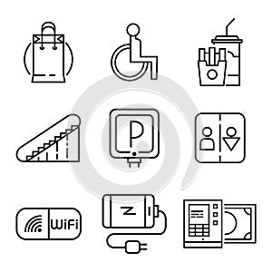 Mall Features Icon Set Black And White Illustration
