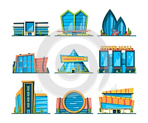 Mall flat. Big urban store buildings hypermarket shopping houses vector collection
