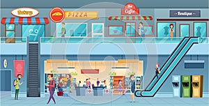 Mall interior. Retailers hypermarket commercial shopping big hall windows vector cartoon illustration