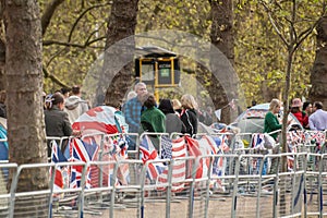 THE MALL, LONDON - 4 May 2023: Royalists camped outside of Buckingham Palace ahead of the Coronation of King Charles