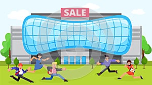 Mall retail sale shop, vector illustration. Store flat market, man woman happy cartoon character near modern supermarket